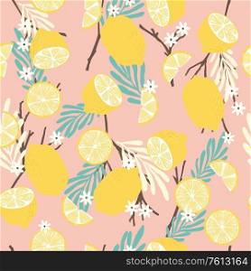 Fruit seamless pattern, lemons with branches, tropical leaves and flowers on pink background. Summer vibrant design. Exotic tropical fruit. Colorful vector illustration