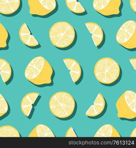Fruit seamless pattern, lemons with shadow on bright green background. Summer vibrant design. Exotic tropical fruit. Colorful vector illustration
