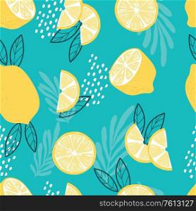 Fruit seamless pattern, lemons with tropical leaves and abstract elements on bright blue background. Summer vibrant design. Exotic tropical fruit. Colorful vector illustration