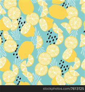 Fruit seamless pattern, lemons with tropical leaves and abstract elements on light blue background. Summer vibrant design. Exotic tropical fruit. Colorful vector illustration