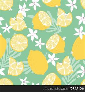 Fruit seamless pattern, lemons with tropical leaves and flowers on green background. Summer vibrant design. Exotic tropical fruit. Colorful vector illustration