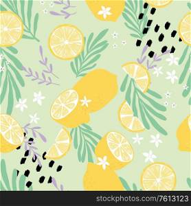 Fruit seamless pattern, lemons with tropical leaves, flowers and abstract elements on light green background. Summer vibrant design. Exotic tropical fruit. Colorful vector illustration