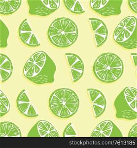 Fruit seamless pattern, lime halves and slices with shadow on bright yellow background. Summer vibrant design. Exotic tropical fruit. Colorful vector illustration