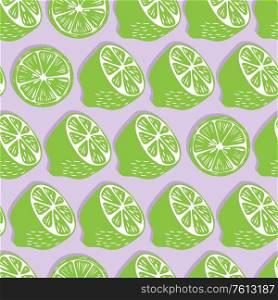 Fruit seamless pattern, lime halves and slices with shadow on light purple background. Summer vibrant design. Exotic tropical fruit. Colorful vector illustration