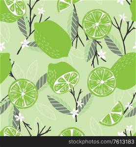 Fruit seamless pattern, lime with branches, leaves and flowers on light green background. Summer vibrant design. Exotic tropical fruit. Colorful vector illustration