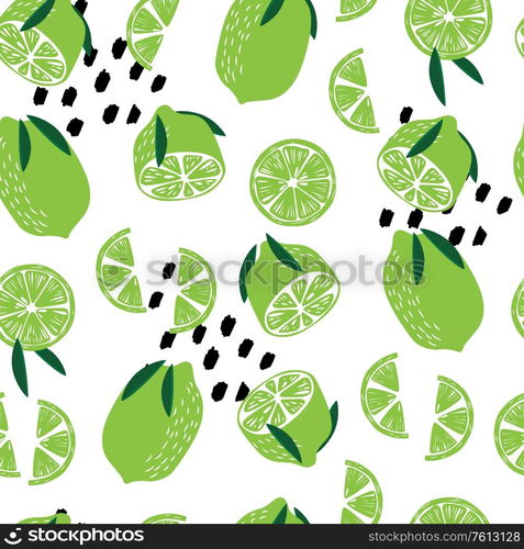 Fruit seamless pattern, limes with leaves and abstract elements on white background. Summer vibrant design. Exotic tropical fruit. Colorful vector illustration