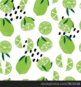 Fruit seamless pattern, limes with leaves and abstract elements on white background. Summer vibrant design. Exotic tropical fruit. Colorful vector illustration