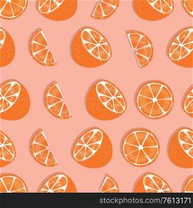 Fruit seamless pattern, orange halves and slices with shadow on pink background. Summer vibrant design. Exotic tropical fruit. Colorful vector illustration