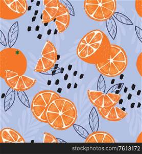 Fruit seamless pattern, oranges with leaves and abstract elements on bright blue background. Summer vibrant design. Exotic tropical fruit. Colorful vector illustration