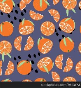 Fruit seamless pattern, oranges with leaves and abstract elements on purple background. Summer vibrant design. Exotic tropical fruit. Colorful vector illustration