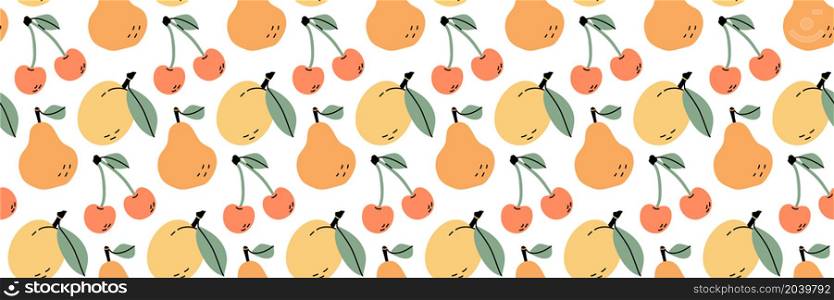 Fruit seamless pattern. Pear, cherry and plum. Color illustration in hand-drawn style. Vector repeat background. Pear, cherry and plum. Fruit seamless pattern. Color illustration in hand-drawn style. Vector repeat background
