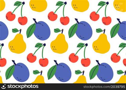 Fruit seamless pattern. Pear, cherry and plum. Color illustration in hand-drawn style. Vector repeat background.. Fruit seamless pattern. Pear, cherry and plum. Color illustration in hand-drawn style. Vector repeat background