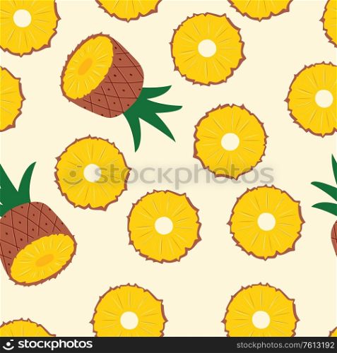 Fruit seamless pattern, pineapple halves and slices on light yellow background. Summer vibrant design. Exotic tropical fruit. Colorful vector illustration