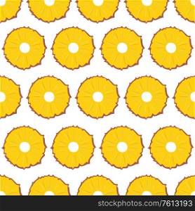 Fruit seamless pattern, pineapple slices on white background. Summer vibrant design. Exotic tropical fruit. Colorful vector illustration