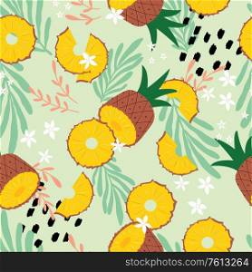 Fruit seamless pattern, pineapple with tropical leaves, flowers and abstract elements on light green background. Summer vibrant design. Exotic tropical fruit. Colorful vector illustration