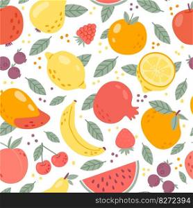 Fruit seamless pattern. Repeated summer fruits and berries background. Print with lemon, apple, peach, banana, watermelon, strawberry. Vector texture. Healthy seasonal food with vitamins. Fruit seamless pattern. Repeated summer fruits and berries background. Print with lemon, apple, peach, banana, watermelon, strawberry. Vector texture