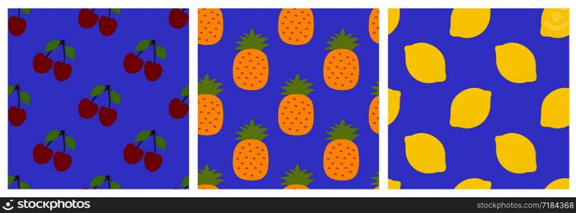 Fruit seamless pattern set. Cherry, pineapple and lemon. Fashion design. Food print for clothes, linens or curtain. Hand drawn vector sketch background collection