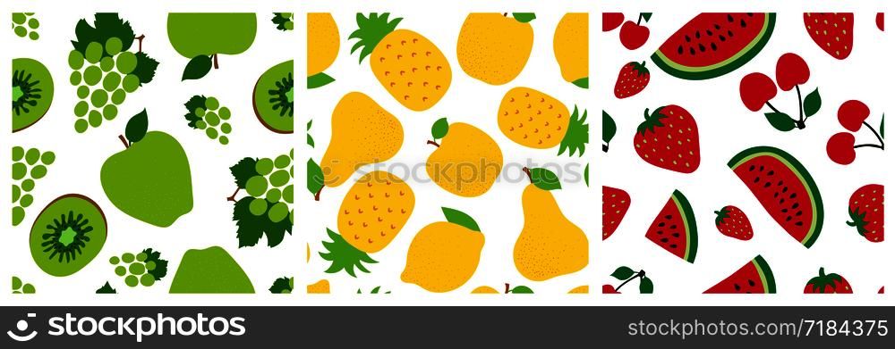 Fruit seamless pattern set. Exotic background collection. Fashion design. Grapes, kiwi, pineapple, apple, pear, strawberry, cherry and watermelon. Food print for clothes, linens or curtain. Hand drawn vector sketch