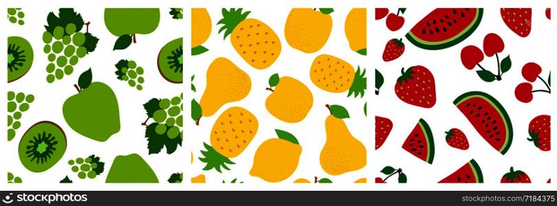 Fruit seamless pattern set. Exotic background collection. Fashion design. Grapes, kiwi, pineapple, apple, pear, strawberry, cherry and watermelon. Food print for clothes, linens or curtain. Hand drawn vector sketch