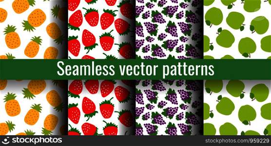 Fruit seamless pattern set. Pineapple, strawberries, grapes and apple. Fashion print. Design elements for textiles or clothes. Hand drawn doodle cute wallpaper. Natural background