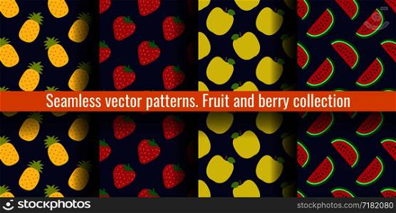 Fruit seamless pattern set. Pineapple, strawberry, apple and watermelon. Food print for clothes or linens. Fashion design. Beauty vector sketch background collection