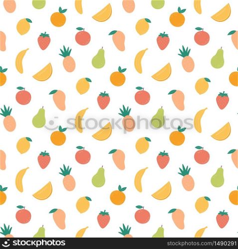 Fruit seamless pattern. Summer texture in cartoon style. Hand drawn colorful vector illustration on white background.. Fruit seamless pattern. Summer texture. Hand drawn colorful vector illustration