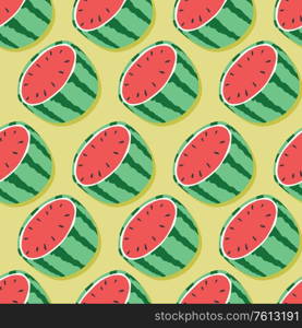 Fruit seamless pattern, watermelon halves with shadow on mint green background. Summer vibrant design. Exotic tropical fruit. Colorful vector illustration