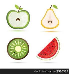 Fruit set. Pear, apple, watermelon, kiwi. Vector illustration. Fruit isolated on white background.
