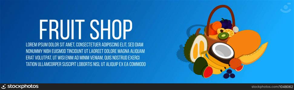 Fruit shop concept banner. Isometric banner of fruit shop vector concept for web, giftcard and postcard. Fruit shop concept banner, isometric style