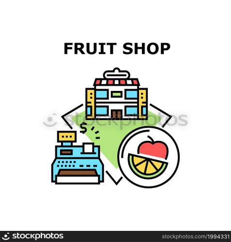 Fruit Shop Sale Vector Icon Concept. Fruit Shop Sale Organic Vitamin Food, Grocery Nutrition Store Selling Natural Sweet And Juicy Nourishment. Cash Machine Equipment Color Illustration. Fruit Shop Sale Vector Concept Color Illustration