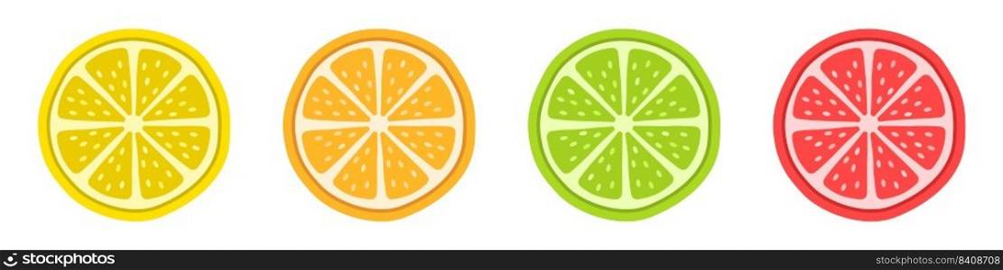 Fruit slices. Pieces of citrus. Lemon, orange, lime and grapefruit. Vector illustration