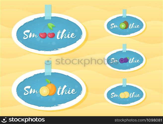Fruit smoothie drink label logo set vector illustration. Round vegetarian smoothies drink label with raw fruits and hand drawn tag Smoothie with white frame for decoration emblem design. Fruit smoothie drink round label logo set design