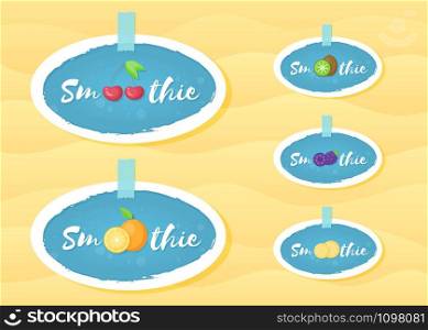 Fruit smoothie drink label logo set vector illustration. Round vegetarian smoothies drink label with raw fruits and hand drawn tag Smoothie with white frame for decoration emblem design. Fruit smoothie drink round label logo set design