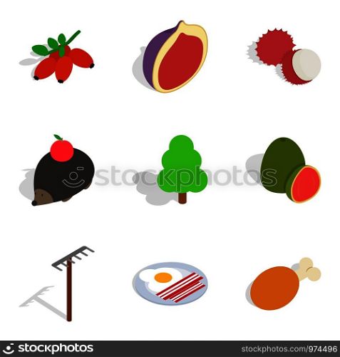 Fruit snake icons set. Isometric set of 9 fruit snake vector icons for web isolated on white background. Fruit snake icons set, isometric style