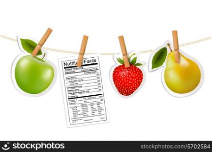 Fruit stickers and a nutrition label hanging on a rope. Vector.