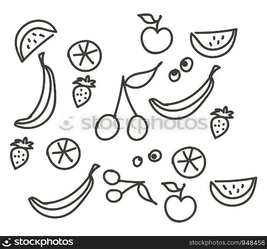 Fruit stroke line hand drawn design, illustration, vector on white background.