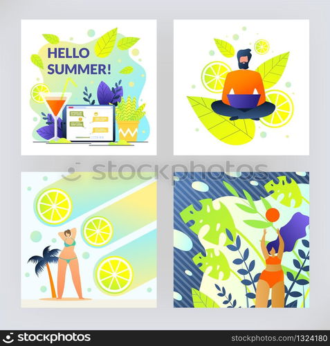 Fruit Sunny Set Flyer is Written Hello Summer. Guy Works Remotely on Computer Sitting Leaves. Girl Sunbathes on Beach by Substituting Body to Sun. Happy Relax Paradise. Vector Illustration.