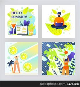 Fruit Sunny Set Flyer is Written Hello Summer. Guy Works Remotely on Computer Sitting Leaves. Girl Sunbathes on Beach by Substituting Body to Sun. Happy Relax Paradise. Vector Illustration.