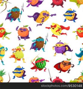 Fruit superhero characters seamless pattern. Vector background with funny courageous apple, lemon, pear, watermelon, kiwi, banana, pineapple and plum personages holding ax, lightning, rapier and bow. Fruit superhero characters seamless tile pattern