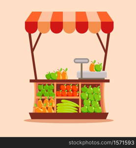 Fruit trade stall. Outdoor stand with canopy and fresh vegetables organic trade fair tent new harvest farm food business open commerce in fresh air vector.. Fruit trade stall. Outdoor stand with canopy and fresh vegetables organic trade.