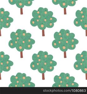 Fruit trees seamless pattern on white background. Doodle apple tree landscape. Naive art style. Design for fabric, textile print, wrapping paper, children textile. Vector illustration. Fruit trees seamless pattern on white background. Doodle apple tree landscape.
