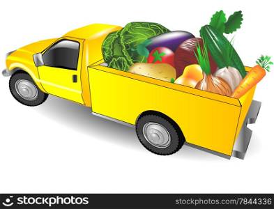 fruit truck with multicolored vegetsbles on white background