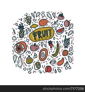 Fruit vector concept in doodle style. Set of fresh apple, pear, orange, mango, lemon and etc. Square composition.