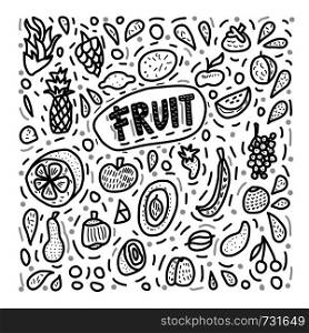 Fruit vector concept in doodle style. Set of fresh apple, pear, orange, mango, lemon and etc. Square coloring page composition.