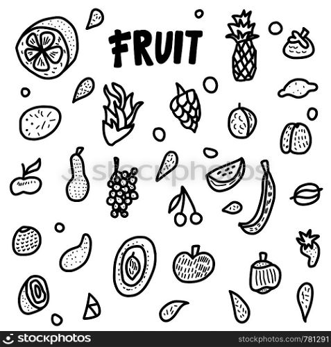 Fruit vector concept in doodle style. Set of fresh apple, pear, orange, mango, lemon.