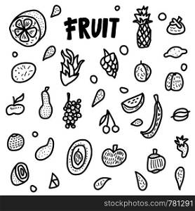 Fruit vector concept in doodle style. Set of fresh apple, pear, orange, mango, lemon.