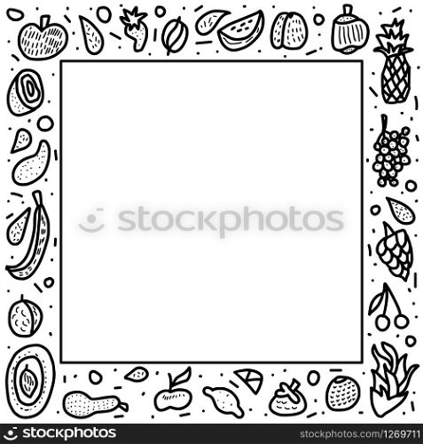 Fruit vector frame concept in doodle style. Set of fresh apple, pear, orange, mango, lemon. Square border composition.