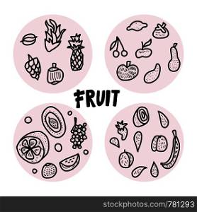 Fruit vector round badges in doodle style. Set of fresh apple, pear, orange, mango, lemon and etc. circle compositions.