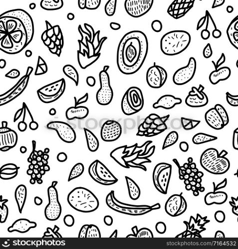 Fruit vector seamless pattern in doodle style. Endless background of fresh apple, pear, orange, mango, lemon and etc. Black and white design cover.
