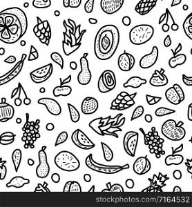 Fruit vector seamless pattern in doodle style. Endless background of fresh apple, pear, orange, mango, lemon and etc. Black and white design cover.